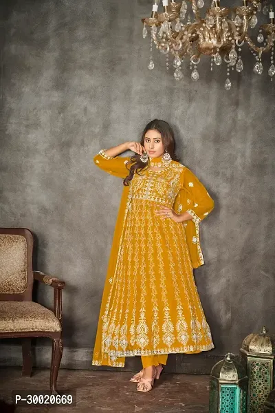 Elegant Mustard Net Embroidered Dress Material With Dupatta For Women-thumb0