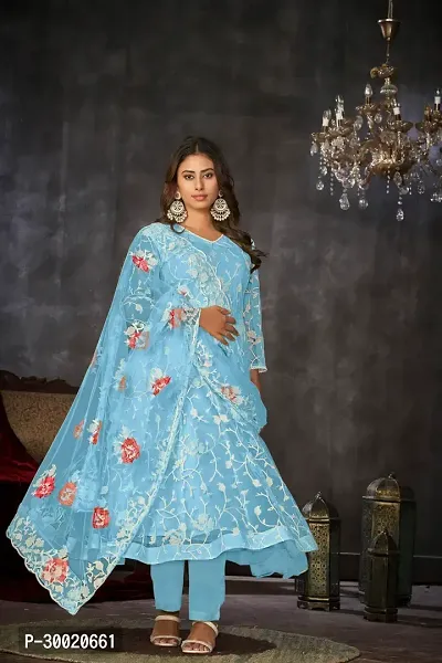 Elegant Blue Net Embroidered Dress Material With Dupatta For Women-thumb0