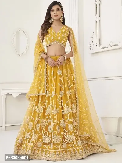 Elegant Yellow Net Embroidered Semi Stitched Lehenga Choli For Women-thumb0