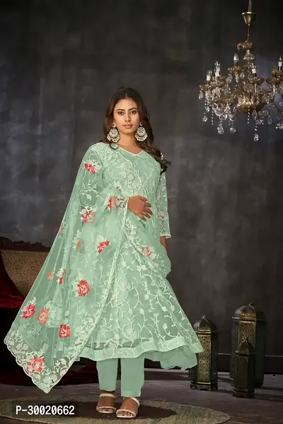 Elegant Green Net Embroidered Dress Material With Dupatta For Women-thumb0