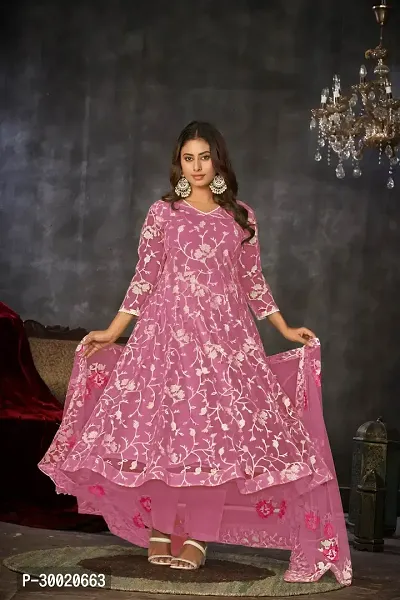 Elegant Pink Net Embroidered Dress Material With Dupatta For Women