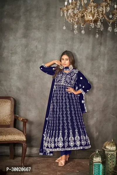 Elegant Blue Net Embroidered Dress Material With Dupatta For Women-thumb0