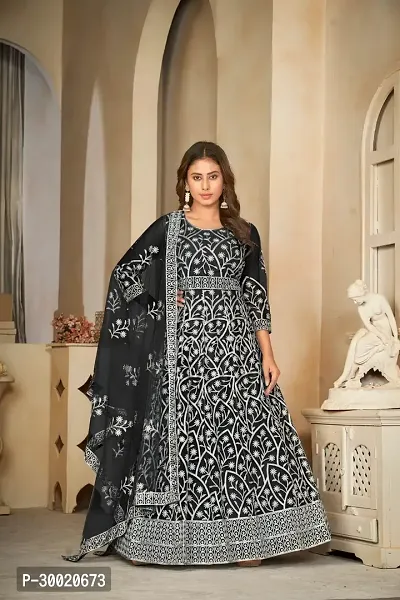 Elegant Black Net Embroidered Dress Material With Dupatta For Women