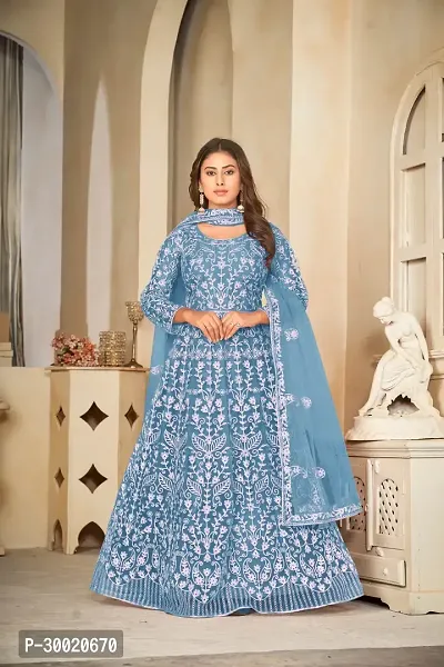 Elegant Blue Net Embroidered Dress Material With Dupatta For Women