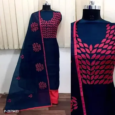 Navy Blue Chanderi Silk Embroidered Dress Material with Dupatta-thumb0