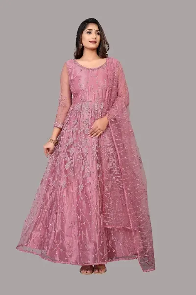Attractive Net Embroidered Semi-Stitched Anarkali Gown