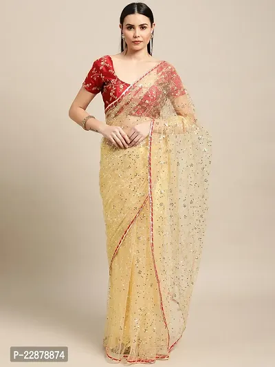 Cream Net Saree With Sequence Work For Women-thumb0