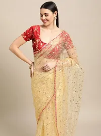 Cream Net Saree With Sequence Work For Women-thumb1