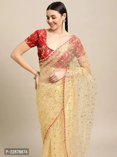 Cream Net Saree With Sequence Work For Women-thumb2