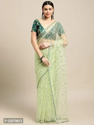 Women's Light Green Saree Embellished with a Net Sequence.