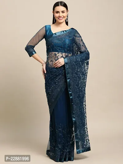 Rama Net Embroidery Saree For Women