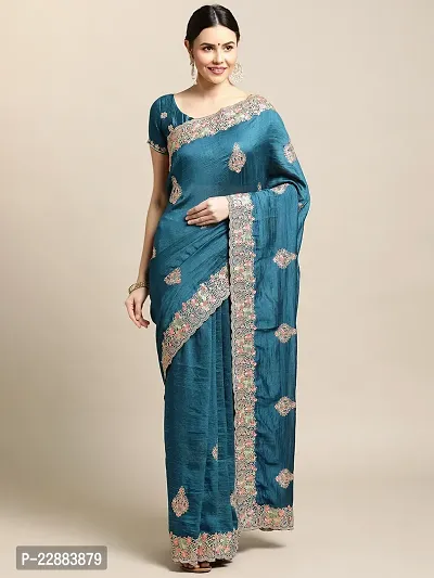 Turquoise Blue Embroidery Saree For Women-thumb0