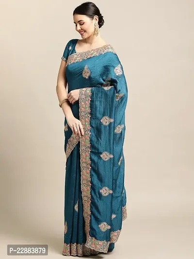 Turquoise Blue Embroidery Saree For Women-thumb2