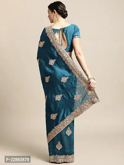 Turquoise Blue Embroidery Saree For Women-thumb4