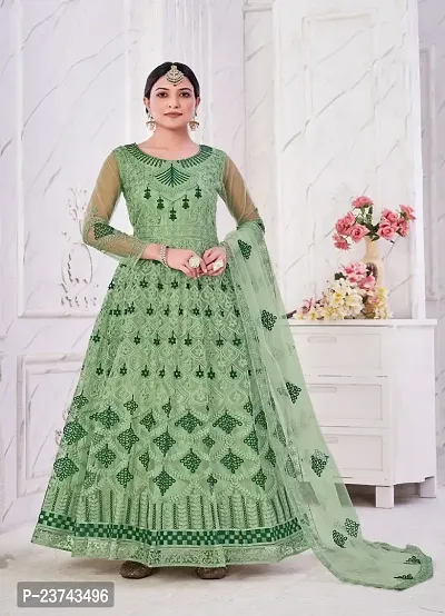 Green Net Embroidery Anarkali Suit For Women-thumb0