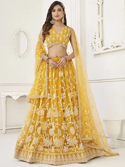 Stylish Net Embroidered Semi Stitched Lehenga Choli Set