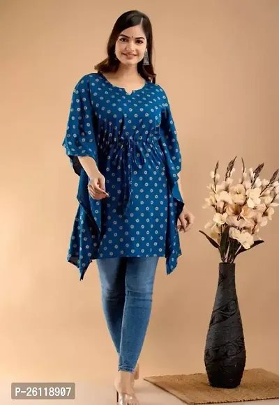 Stylish Blue Rayon A-Line Printed Stitched Kurti For Women-thumb0