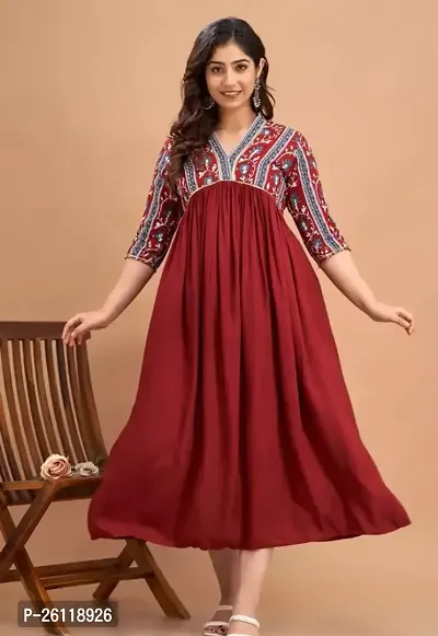 Stylish Maroon Rayon A-Line Printed Stitched Kurti For Women-thumb0