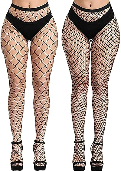 Sizzers Women's/Girls's || High Waist Pantyhose || Tights Fishnet Stockings || Mesh Net Style, Free Size, Black || Net Pantyhose For Womens (Pack of 2 Styles)