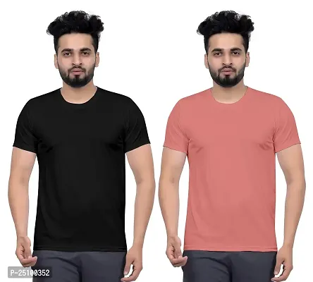 FLASHINGBY Men's Polyester Solid Round Neck Half Sleeve Breathable Multicolor T-Shirt (Pack of 2-T-Shirts)