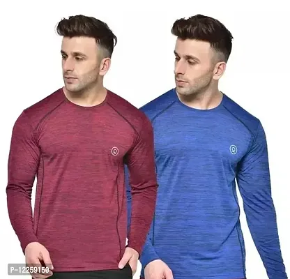 Trendy Polyester Maroon And Blue Regular Fit Full Sleeves Gym T-shirt Combo For Men-thumb0