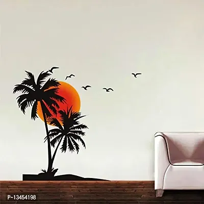 Sky Decal Decorative Coconut Tree with Sunset Birds Multicolour Wall Sticker for Home Decor (PVC Vinyl Multicolour)-thumb4