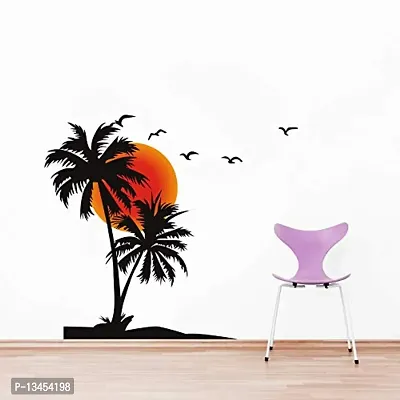 Sky Decal Decorative Coconut Tree with Sunset Birds Multicolour Wall Sticker for Home Decor (PVC Vinyl Multicolour)