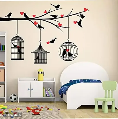 Sky Decal Decorative loveing Hearts Tree Birds with Cages Multicolour Wall Sticker for Home d?cor (PVC Vinyl Covering Area 121cm X 85cm)-thumb2