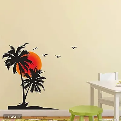 Sky Decal Decorative Coconut Tree with Sunset Birds Multicolour Wall Sticker for Home Decor (PVC Vinyl Multicolour)-thumb2