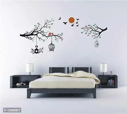 Sky Decal Tree Leaves & Birds Cages Multicolour Wall Sticker for Home Decor (PVC Vinyl Covering Area 40cm X 70cm)-thumb2