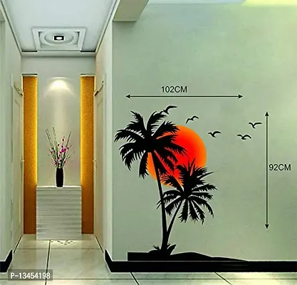 Sky Decal Decorative Coconut Tree with Sunset Birds Multicolour Wall Sticker for Home Decor (PVC Vinyl Multicolour)-thumb5