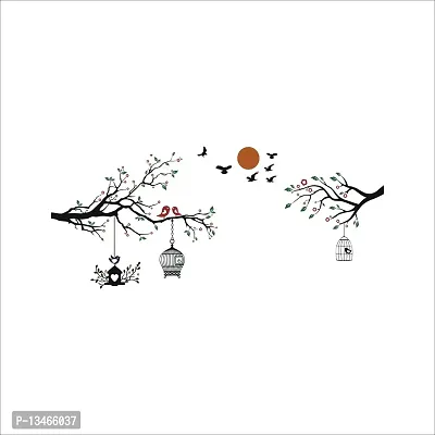 Sky Decal Tree Leaves & Birds Cages Multicolour Wall Sticker for Home Decor (PVC Vinyl Covering Area 40cm X 70cm)