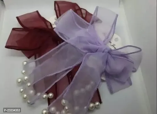 Large Stylish French Bow Hair Pin And Big Ribbon Bow With Long Tail Pearls In End (Pack Of 2 Maroon and Purple)-thumb0