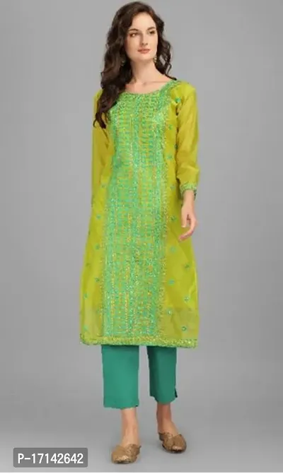 Stylish Green Poly Chanderi A-Line Kurta Set For Women-thumb0