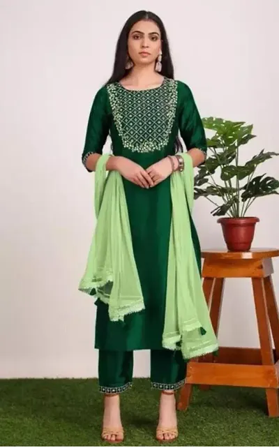 Elite Embroidered Kurta with Pant And Dupatta Set For Women