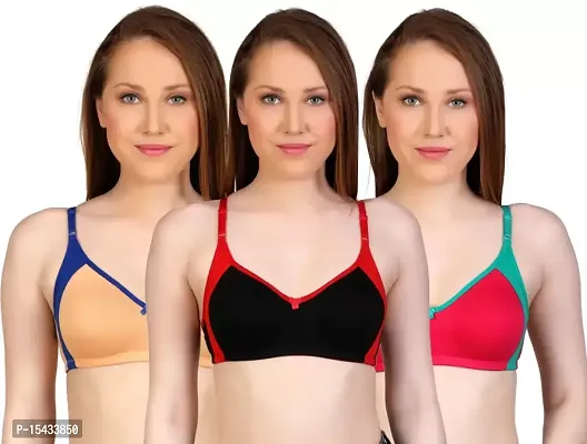 Stylish Cotton Blend Solid Full Coverage Bras For Women Pack Of 3-thumb0