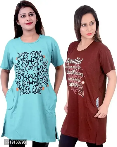 DDASPRATION Women Printed Long T-Shirt (2.0-Firozi,Maroon)-thumb0