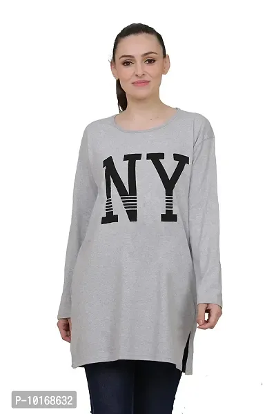 DDASPRATION Women Cotton Full Sleeve Printed Long T-Shirt (Large, Light Grey)-thumb0