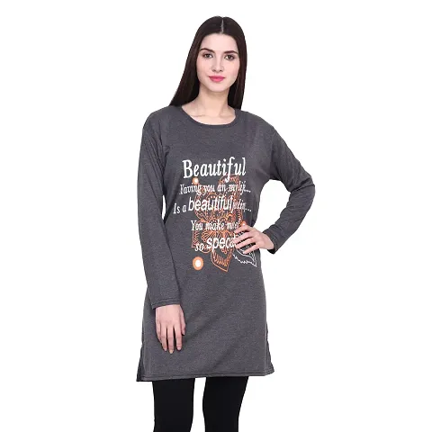 DDASPRATION Women's Printed Long T-Shirt Full Sleeve (BTF,Dark Grey)