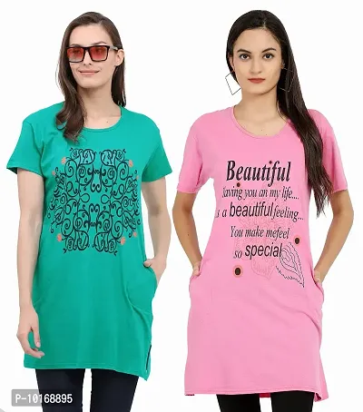 DDASPRATION Women Printed Long T-Shirt (Large, RAMA Green+Baby Pink)