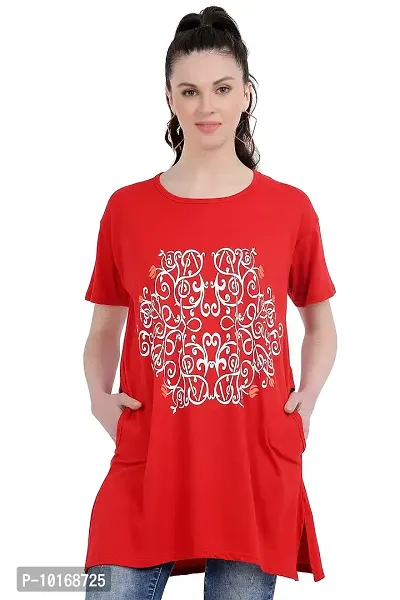 DDASPRATION Women Printed Long T-Shirt (Large, Red)