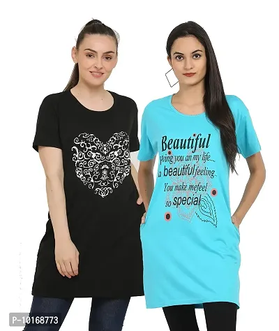 DDASPRATION Women's Printed Pocket Long T-Shirt (Black+2.0 Firozi)