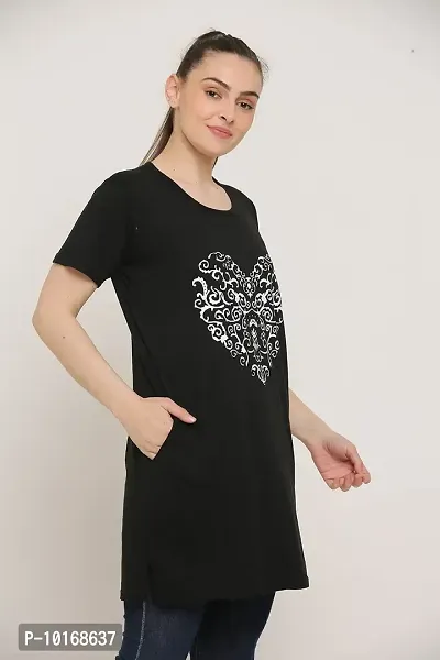 DDASPRATION Women's Printed Pocket Long T-Shirt (Black+Skin)-thumb2