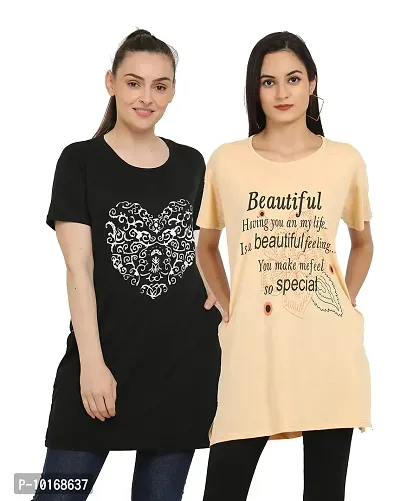 DDASPRATION Women's Printed Pocket Long T-Shirt (Black+Skin)