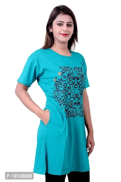 DDASPRATION Women Printed Long T-Shirt (Firozi,Royal Blue)-thumb2