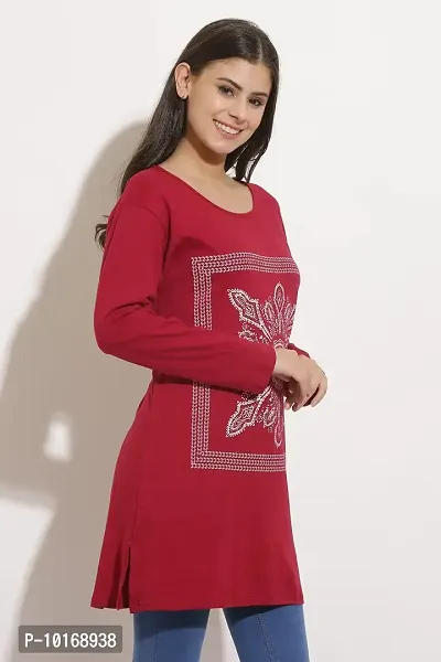 DDASPRATION Women Cotton Long T-Shirt Maroon-thumb3