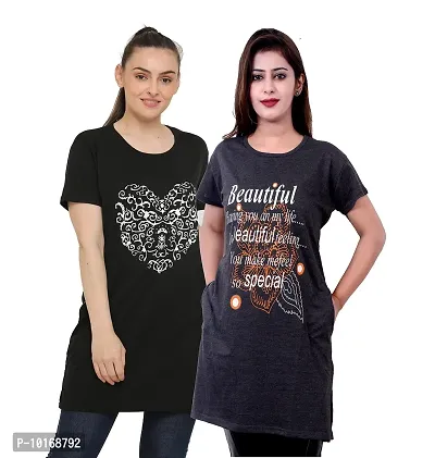 DDASPRATION Women's Printed Pocket Long T-Shirt (Black+Dark Grey)