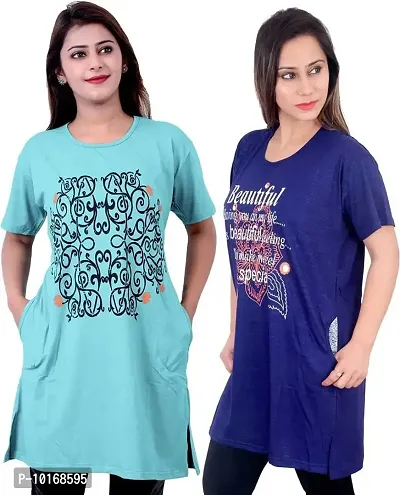 DDASPRATION Women Printed Long T-Shirt (2.0-Firozi,Royal Blue)-thumb0