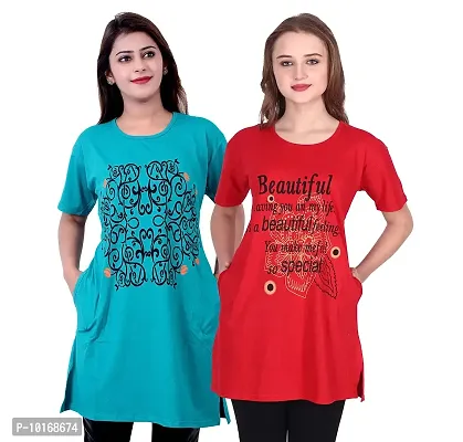 DDASPRATION Women Printed Long T-Shirt (Firozi,Red)