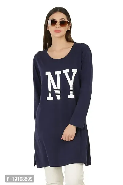 DDASPRATION Women Cotton Full Sleeve Printed Long T-Shirt (Large, Navy Blue)